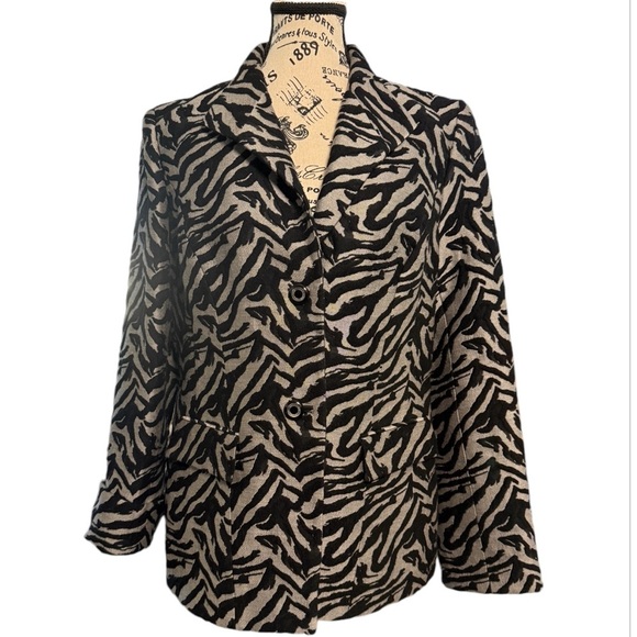 NWOT Anne Klein Animal Print Black Grey Wool Polyester Blazer Pockets
